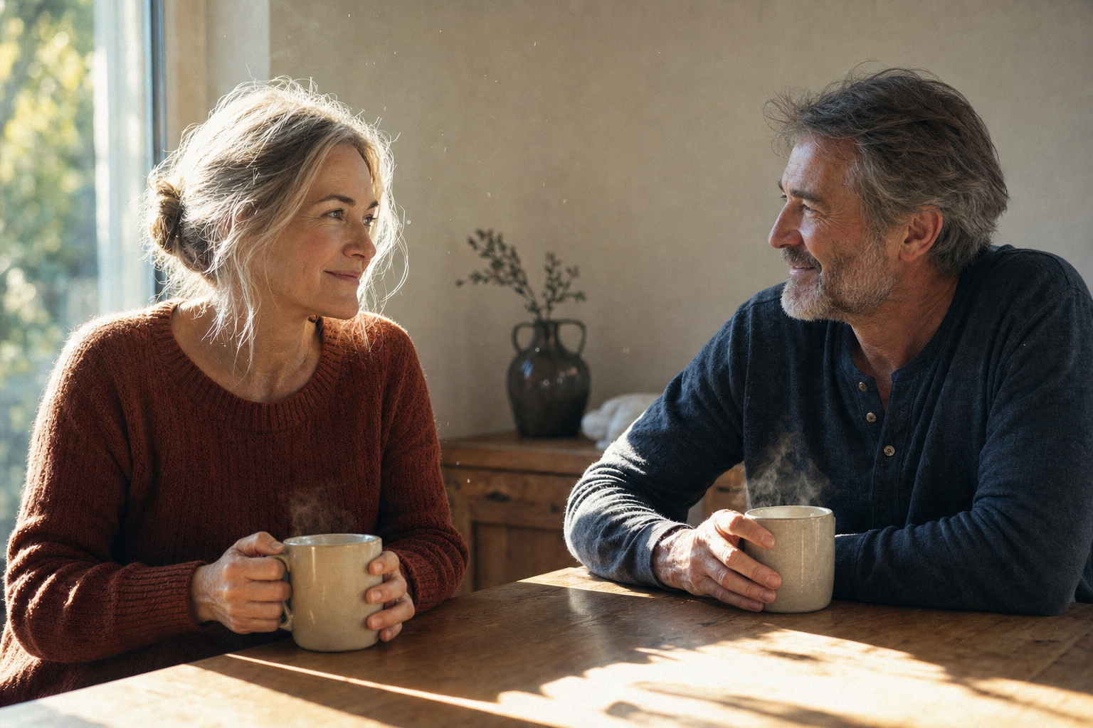 A couple sharing morning coffee in soft window light