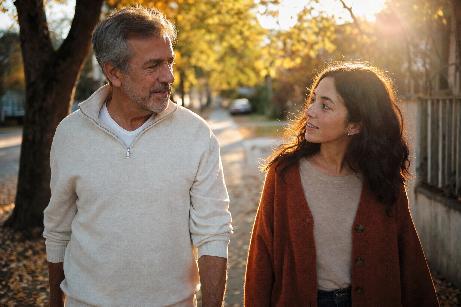 A man and his adult daughter walking together in golden hour light