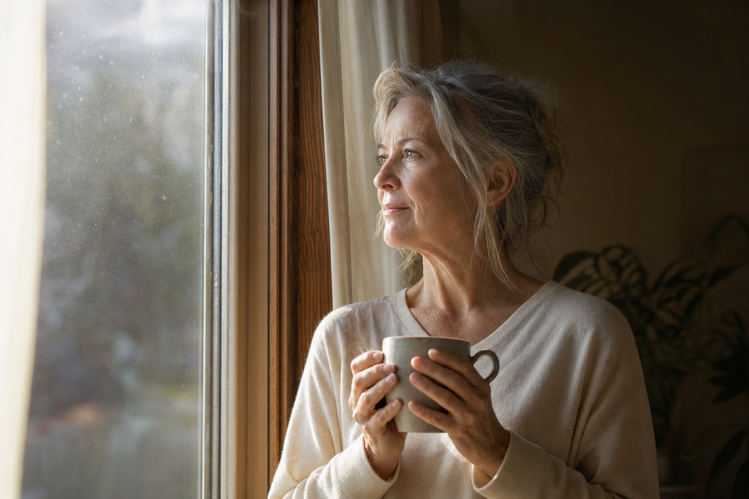 A woman by a tall window in soft morning light