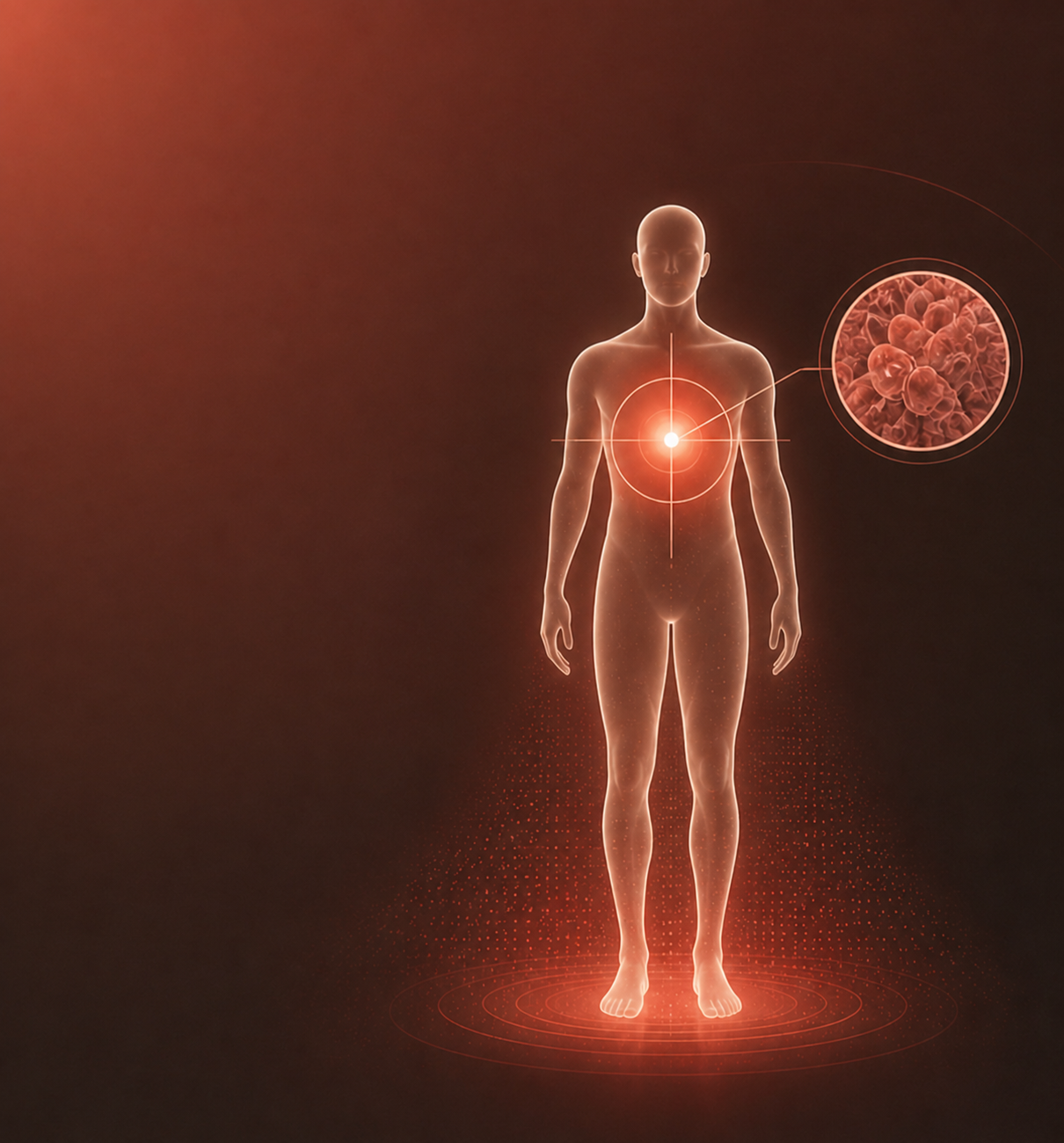 A body silhouette with a highlighted cancer signal at the chest
