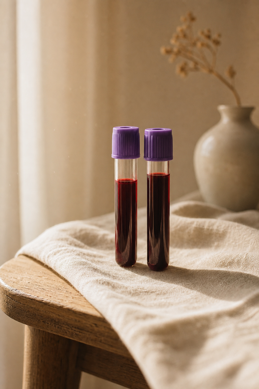 Two purple-cap blood collection tubes resting in soft window light