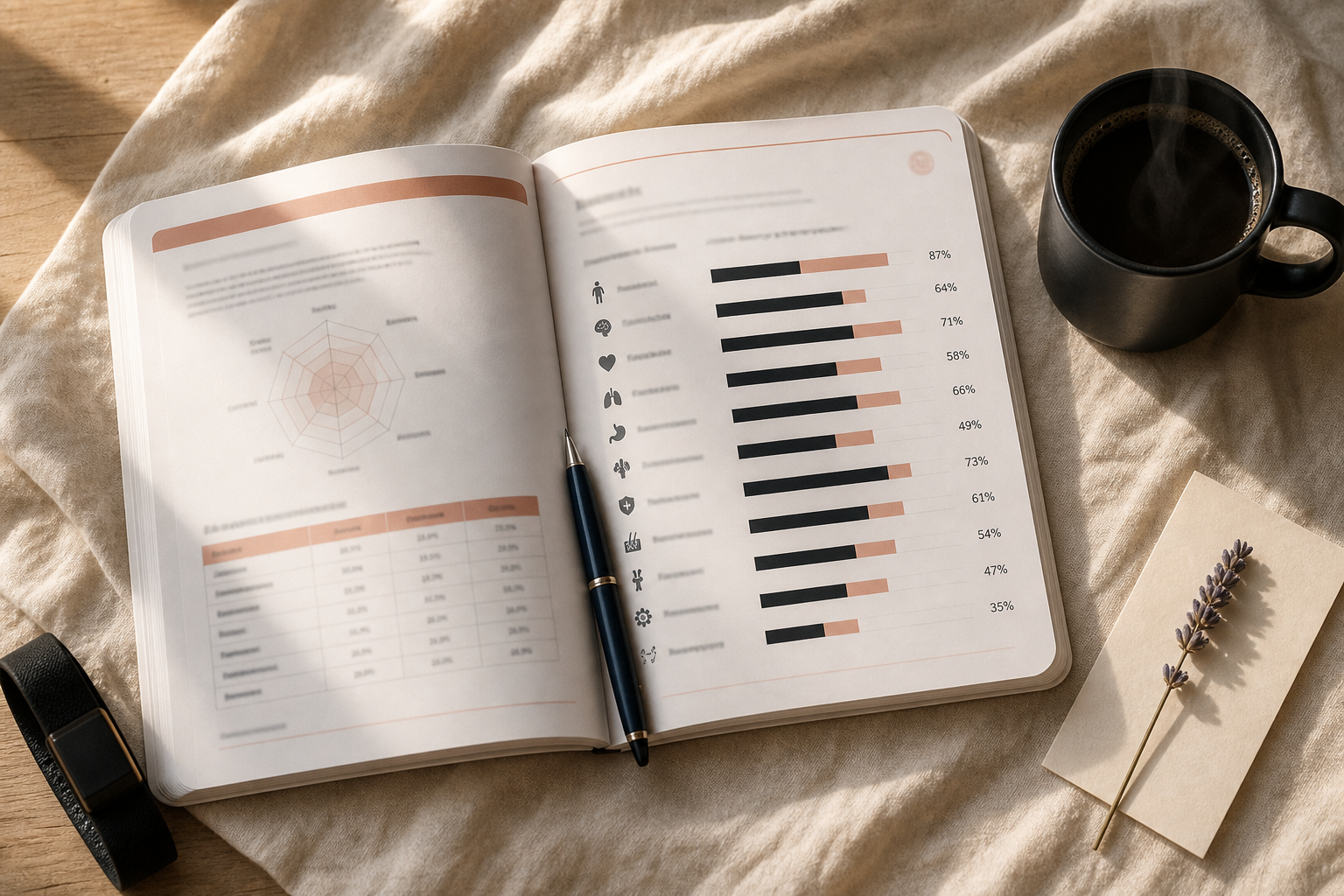 The Vitals Vault Functional Health Report fanned open on a cream linen surface